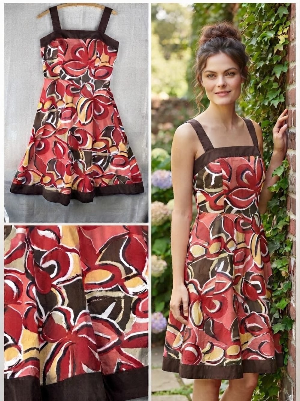 R&K Floral Sundress 10 Aline Midi 60s Mod Abstract Red Coral Brown M L Smocked
